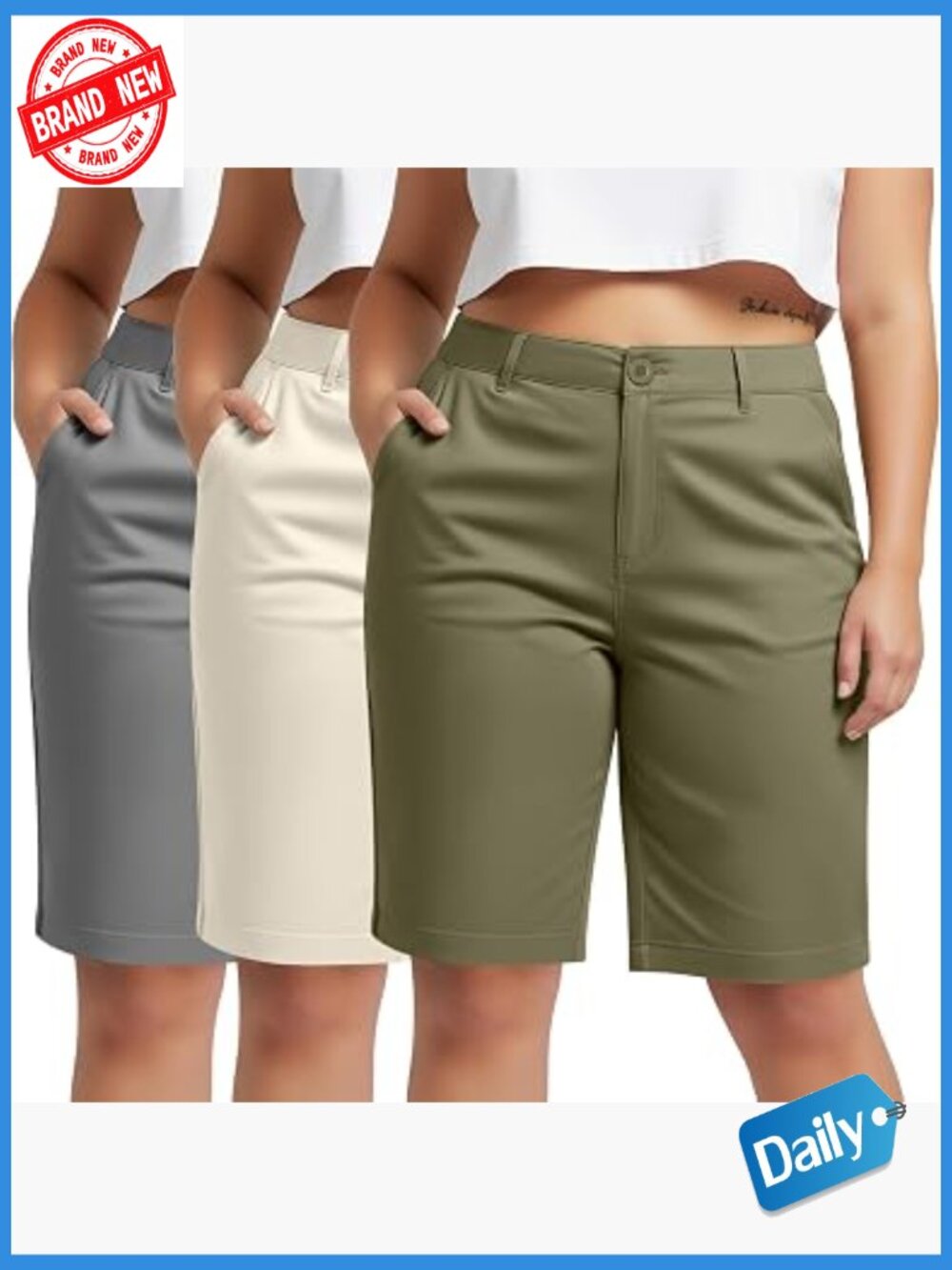 Plus Size Bermuda Shorts 3 Pack High Waist Straight Fit with Pockets Zip